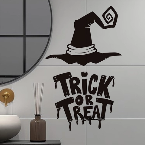 Sticker Mural Halloween Chapeau de Sorcière Trick Or Treat Noir Amovible Décalcomanie en PVC Pour Salon Chambre Fête Maison Décor