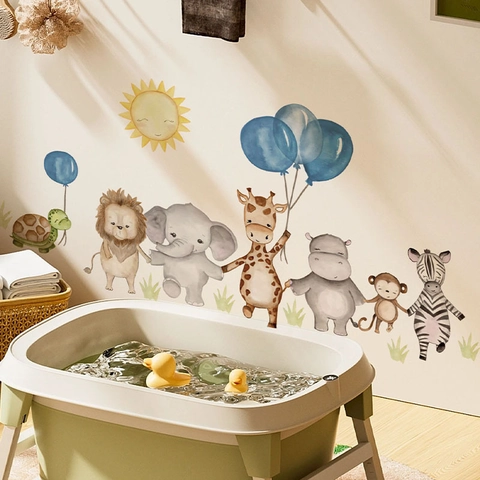 Watercolor Forest Animals Wall Stickers Lion Elephant Giraffe Nursery Decor PVC DIY Cartoon Animal Balloon Wall Decal Set