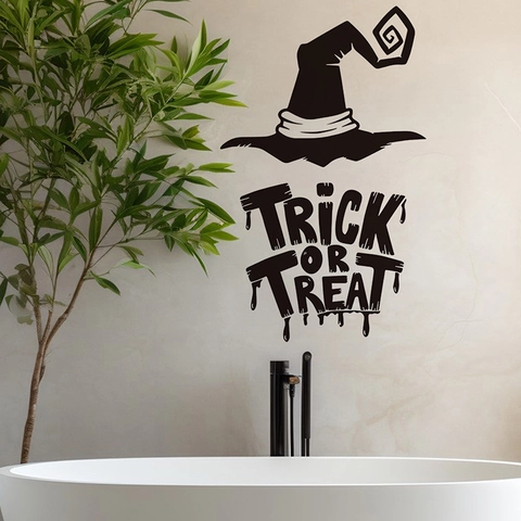 Sticker Mural Halloween Chapeau de Sorcière Trick Or Treat Noir Amovible Décalcomanie en PVC Pour Salon Chambre Fête Maison Décor