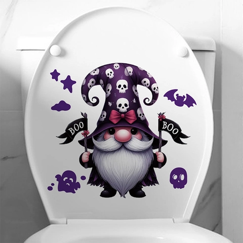 Pegatina de Inodoro de Gnomo de Halloween PVC Impermeable Sombrero de Mago Púrpura Esqueleto Fantasma Murciélago Decoración de Baño