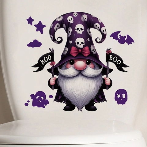 Pegatina de Inodoro de Gnomo de Halloween PVC Impermeable Sombrero de Mago Púrpura Esqueleto Fantasma Murciélago Decoración de Baño