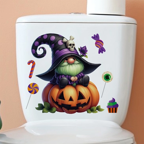 Halloween Gnome Sitting On Pumpkin Toilet Sticker Waterproof PVC Wall Decal For Bathroom Home Festive Decoration Printed Art