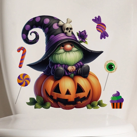 Halloween Gnome Sitting On Pumpkin Toilet Sticker Waterproof PVC Wall Decal For Bathroom Home Festive Decoration Printed Art