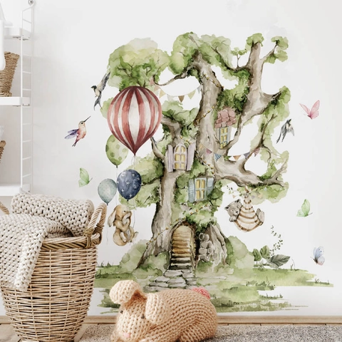Watercolor Forest Treehouse Wall Stickers Removable PVC Animal Balloon Decorative Wall Decals For Kids Room Living Room Decor