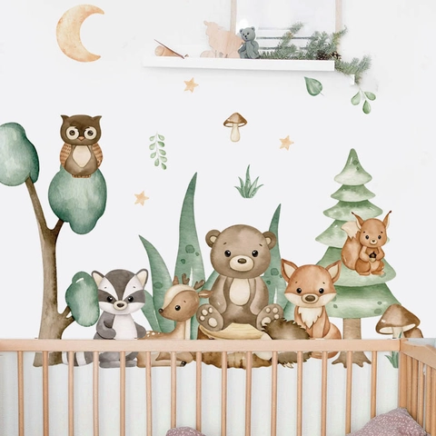 Watercolor Forest Animals Wall Stickers Bear Fox Deer Nursery Wall Decals For Kids Room Bedroom PVC Removable Decorative Stickers