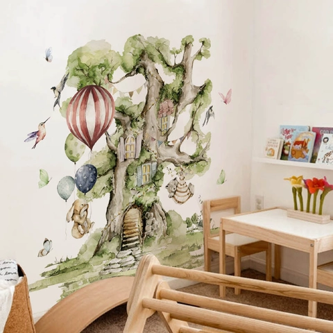 Watercolor Forest Treehouse Wall Stickers Removable PVC Animal Balloon Decorative Wall Decals For Kids Room Living Room Decor