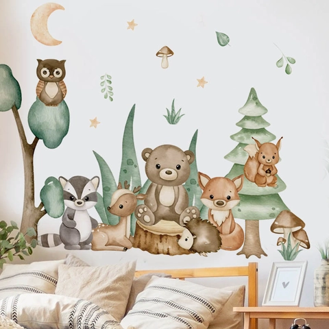 Watercolor Forest Animals Wall Stickers Bear Fox Deer Nursery Wall Decals For Kids Room Bedroom PVC Removable Decorative Stickers