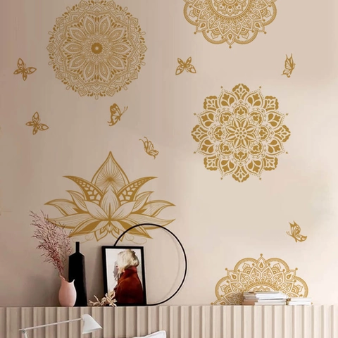 Pegatina de Pared Mandala Dorado Loto Mariposa PVC Autoadhesiva Removible para Sala de Estar Dormitorio Decoración