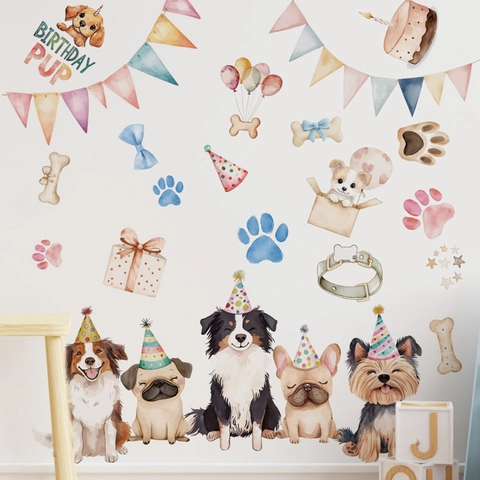 Cute Watercolor Puppy Birthday Wall Stickers Cartoon Dog Party Hat Cake DIY PVC Wall Decals For Kids Room Pet Shop Decor