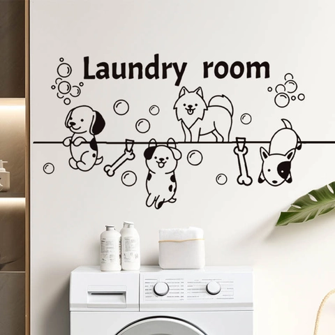Vinilo de Pared para Lavandería Perro Animado Burbujas PVC Removible Negro Letras de Arte para Decoración de Lavandería Hogar