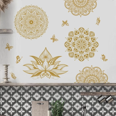 Pegatina de Pared Mandala Dorado Loto Mariposa PVC Autoadhesiva Removible para Sala de Estar Dormitorio Decoración