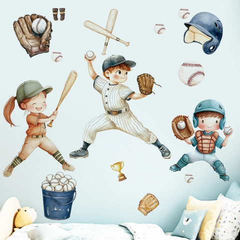 Watercolor Baseball Boys Wall Stickers PVC Removable Sports Theme Decor For Kids Bedroom Playroom Nursery Decoration