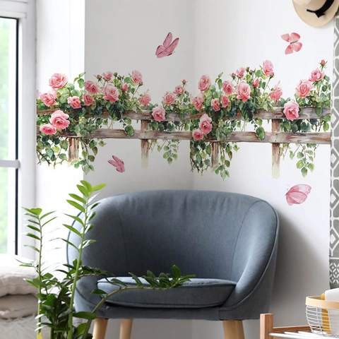 Rosa Rose Holzzaun Schmetterling Aquarell Wandaufkleber PVC Selbstklebende Wandtattoos Für Wohnzimmer Schlafzimmer Deko