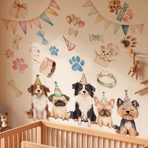 Cute Watercolor Puppy Birthday Wall Stickers Cartoon Dog Party Hat Cake DIY PVC Wall Decals For Kids Room Pet Shop Decor
