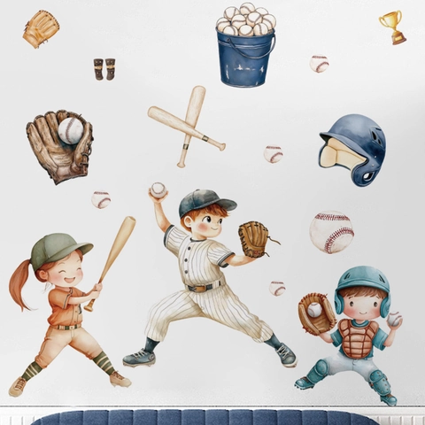 Watercolor Baseball Boys Wall Stickers PVC Removable Sports Theme Decor For Kids Bedroom Playroom Nursery Decoration