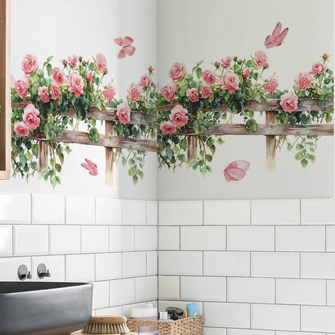 Rosa Rose Holzzaun Schmetterling Aquarell Wandaufkleber PVC Selbstklebende Wandtattoos Für Wohnzimmer Schlafzimmer Deko