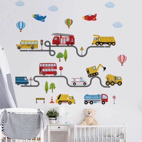 Adesivi Murali Stradali Trasporti Cartoni Animati PVC Removibili DIY Auto Bus Adesivi per Cameretta Bambini Decorazione Casa