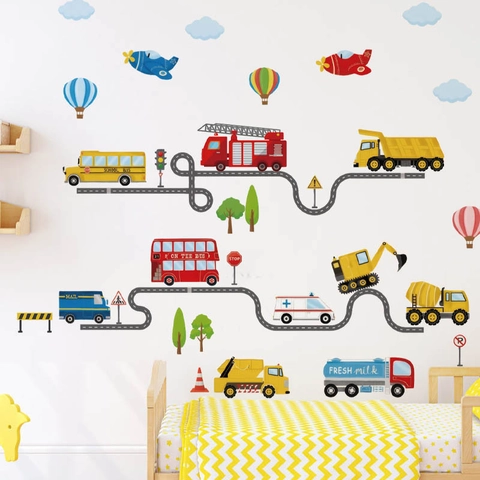 Adesivi Murali Stradali Trasporti Cartoni Animati PVC Removibili DIY Auto Bus Adesivi per Cameretta Bambini Decorazione Casa