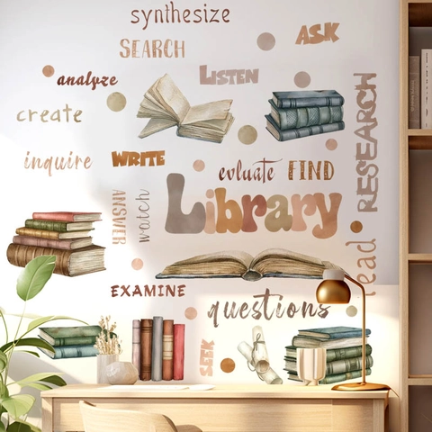 Library Theme Books Wall Stickers Watercolor Style Academic Words PVC Removable Decal For Study Room Classroom Kids Room Decor