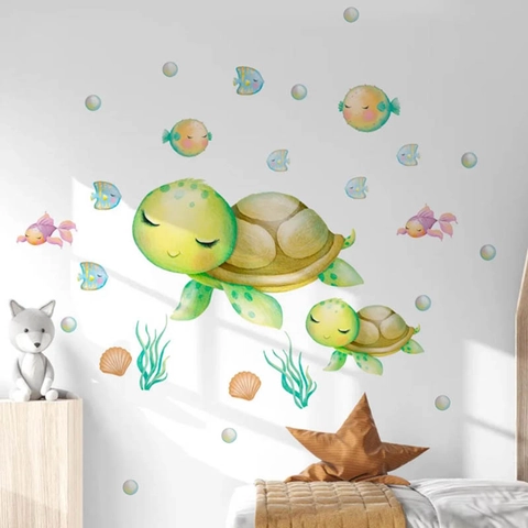 Leuke Cartoon Zeeschildpad Vis Muurstickers Waterdicht PVC Zeeleven Muurstickers Voor Kinderkamer Badkamer Slaapkamer Decor Aquarel Zeedieren Muurkunst