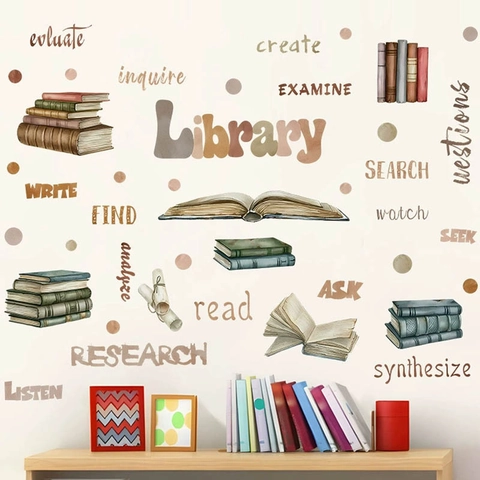 Library Theme Books Wall Stickers Watercolor Style Academic Words PVC Removable Decal For Study Room Classroom Kids Room Decor