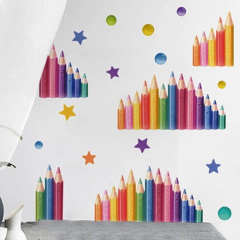 Vinilos de Pared de Lápices de Colores para Habitación de Niños Dormitorio PVC Autoadhesivos Removibles Arcoíris Estrella