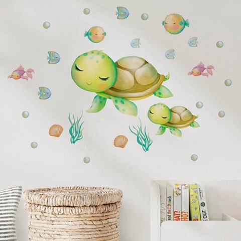 Leuke Cartoon Zeeschildpad Vis Muurstickers Waterdicht PVC Zeeleven Muurstickers Voor Kinderkamer Badkamer Slaapkamer Decor Aquarel Zeedieren Muurkunst