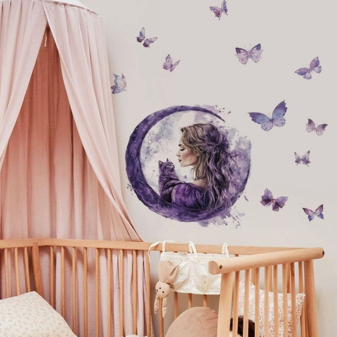 Sticker Mural en PVC Aquarelle Violette Fille Lune Et Chat Papillon Rêveur Décalcomanies d'Art pour Chambre à Coucher Salon