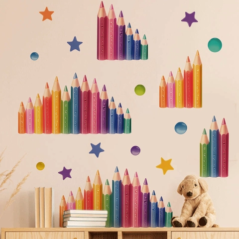 Vinilos de Pared de Lápices de Colores para Habitación de Niños Dormitorio PVC Autoadhesivos Removibles Arcoíris Estrella