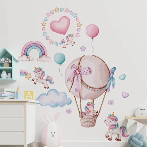 Watercolor Rainbow Unicorn Hot Air Balloon Wall Stickers For Kids Girls Bedroom Nursery Home Decor PVC Dreamy Wall Decals