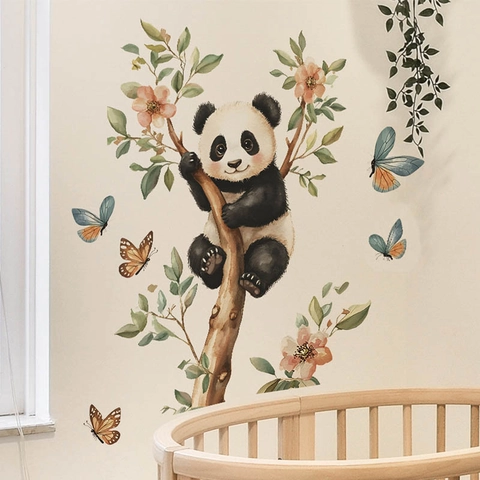Aquarell Panda Wandsticker PVC Selbstklebend Abnehmbar Dekoration Mit Blumen Schmetterling Für Kinderzimmer Schlafzimmer Deko
