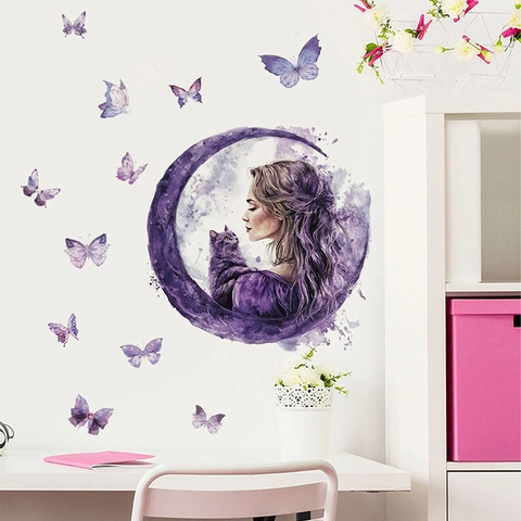 Sticker Mural en PVC Aquarelle Violette Fille Lune Et Chat Papillon Rêveur Décalcomanies d'Art pour Chambre à Coucher Salon