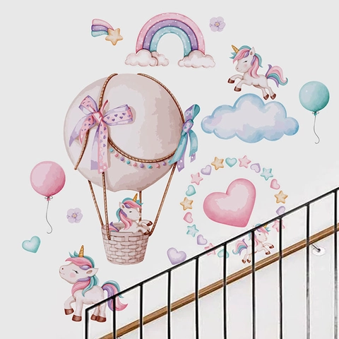 Watercolor Rainbow Unicorn Hot Air Balloon Wall Stickers For Kids Girls Bedroom Nursery Home Decor PVC Dreamy Wall Decals