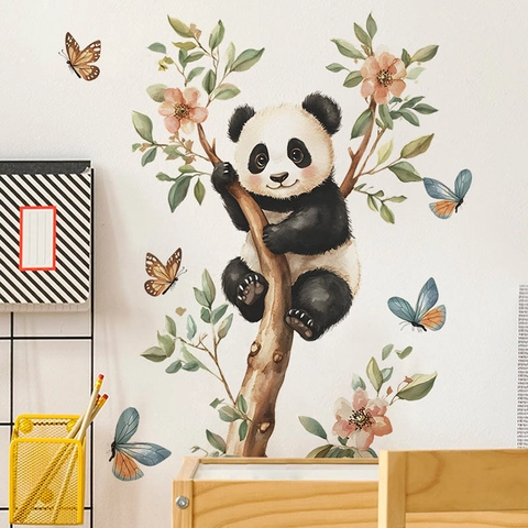 Aquarell Panda Wandsticker PVC Selbstklebend Abnehmbar Dekoration Mit Blumen Schmetterling Für Kinderzimmer Schlafzimmer Deko