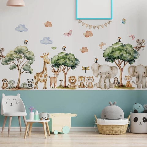 Cartoon Jungle Dieren Muurstickers PVC Aquarel Giraffe Olifant Leeuw Boom Verwijderbare Kinderkamer Decoratie