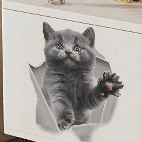 3D Levendige Kat Gat Door de Muur Sticker PVC Waterdicht Verwijderbare Dierlijke Muursticker Voor Badkamer Toilet Woonkamer