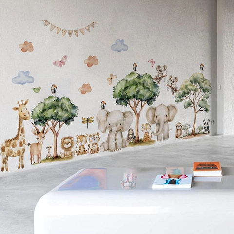 Cartoon Jungle Dieren Muurstickers PVC Aquarel Giraffe Olifant Leeuw Boom Verwijderbare Kinderkamer Decoratie
