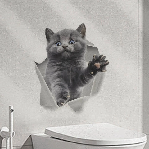 3D Levendige Kat Gat Door de Muur Sticker PVC Waterdicht Verwijderbare Dierlijke Muursticker Voor Badkamer Toilet Woonkamer