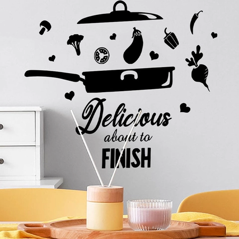 Delicious About To Finish Kitchen Wall Sticker Black PVC Quote Decal Frying Pan Vegetable Silhouette DIY Removable Wall Art
