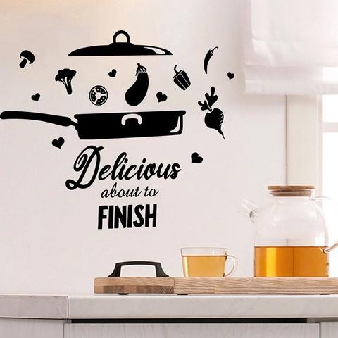 Delicious About To Finish Kitchen Wall Sticker Black PVC Quote Decal Frying Pan Vegetable Silhouette DIY Removable Wall Art