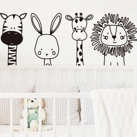 Nordic Cartoon Animal Line Wall Stickers For Kids Room Bedroom Zebra Rabbit Giraffe Lion PVC Art Decals Home Decor