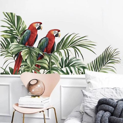 Pegatinas de Pared de Guacamayo Tropical Hojas de Palma PVC Calcomanía Autoadhesiva para Sala de Estar Dormitorio Hogar
