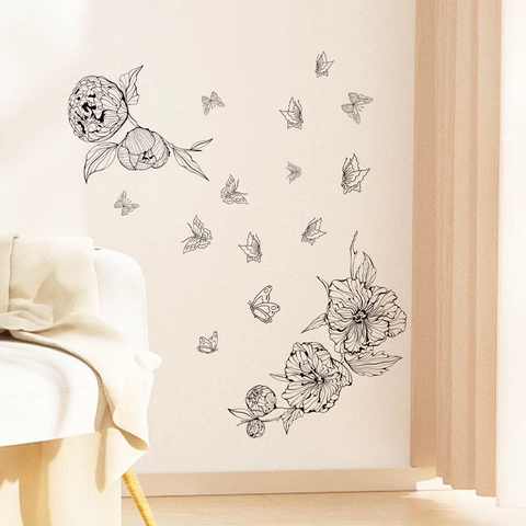 Pegatinas de Pared de Mariposa y Flor Negra Arte de Línea Minimalista PVC Autoadhesivo Extraíble para Decoración de Sala