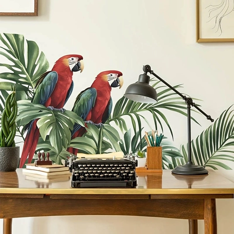 Pegatinas de Pared de Guacamayo Tropical Hojas de Palma PVC Calcomanía Autoadhesiva para Sala de Estar Dormitorio Hogar