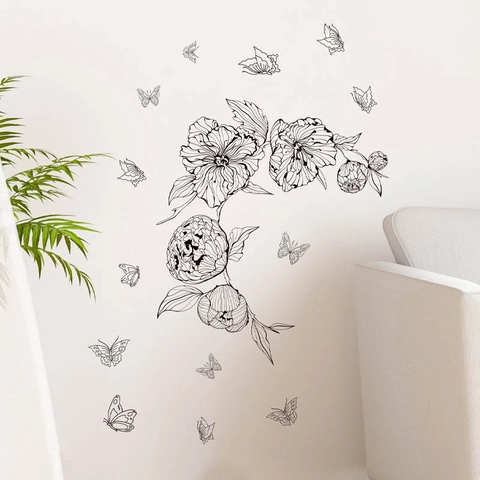 Pegatinas de Pared de Mariposa y Flor Negra Arte de Línea Minimalista PVC Autoadhesivo Extraíble para Decoración de Sala