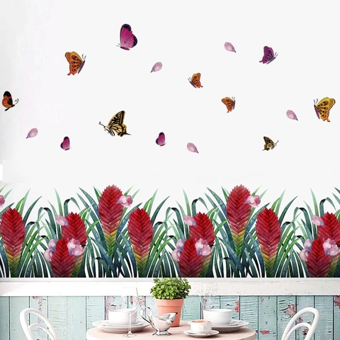 Adesivi Murali con Fiori Rossi e Farfalle per Soggiorno Camera da Letto PVC Autoadesivi Rimovibili Arte Floreale Decalcomanie