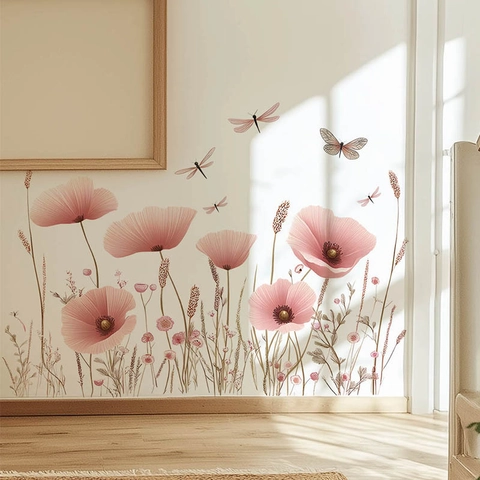 Rosa Mohnblume Libelle Wandtattoo Für Wohnzimmer Schlafzimmer Große Florale Abnehmbare Selbstklebende PVC Wandaufkleber Haus Dekor
