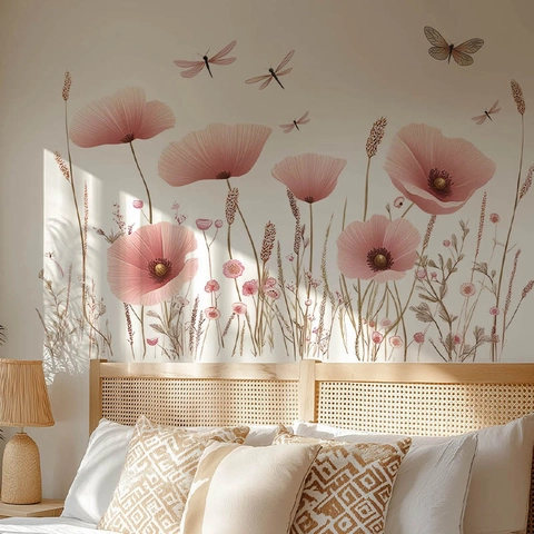 Rosa Mohnblume Libelle Wandtattoo Für Wohnzimmer Schlafzimmer Große Florale Abnehmbare Selbstklebende PVC Wandaufkleber Haus Dekor