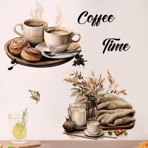 Adesivi Murali Watercolor Coffee Time Per Cucina Bar Casa Decalcomanie in Vinile Autoadesive Motivo Tazze e Pasticcini