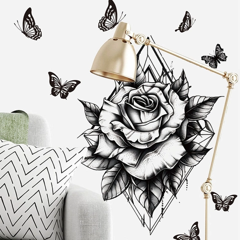 Adesivo da Parete Rosa Nera Con Farfalle Cornice Geometrica a Diamante Decalcomania in PVC Rimovibile per Decorazione Soggiorno